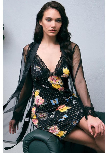 Arias Closet Tül Sabahlık ve Viskon Çiçek Baskılı Dantelli Kısa Gecelik Takım OZN-20660