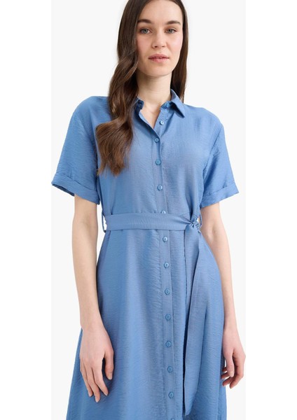 Regular Fit Gömlek Yaka Kuşaklı Kısa Kollu Midi Elbise E7932AX25SP