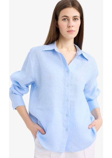%100 Keten Oversize Geniş Kalıp Uzun Kollu Gömlek Z6638AZ25SP