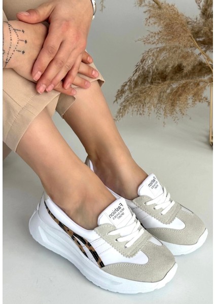 Ceylinmoda Zitta Beyaz Cilt Leopar Detaylı Spor Ayakkabı