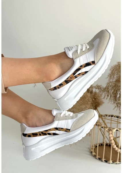 Ceylinmoda Zitta Beyaz Cilt Leopar Detaylı Spor Ayakkabı