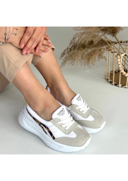 Ceylinmoda Zitta Beyaz Cilt Leopar Detaylı Spor Ayakkabı
