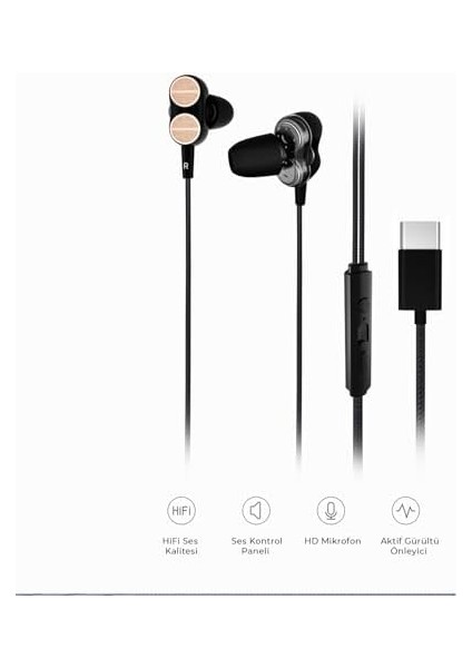 EH102 Kablolu Type-C Girişli Mikrofonlu Kulak Içi Kulaklık - Çift Sürücülü, Sağlam Kablo Yapısı, Spor, Iş, Oyun Için, Evrensel Uyum, Dahili Hd Net Ses, Dual Driver Mikrofon Siyah