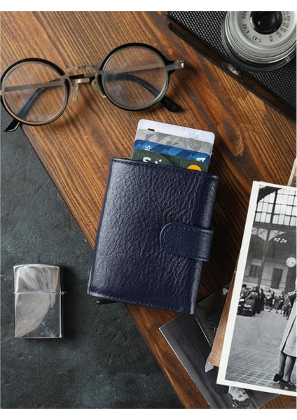 DG02 Deri Çıtçıtlı Mekanizmalı Cüzdan Kartlık Lacivert