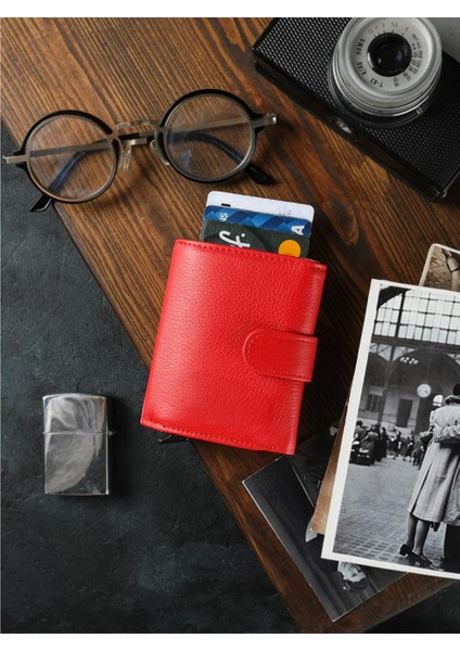 DG02 Deri Çıtçıtlı Mekanizmalı Cüzdan Kartlık Kırmızı
