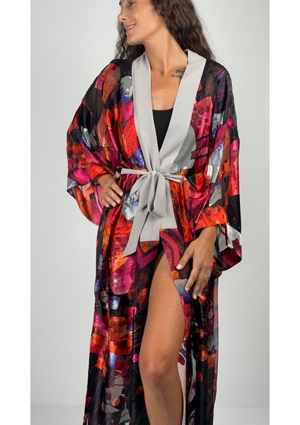 Aurora Kemerli Geniş Kollu Uzun Yakma Ipek Kimono