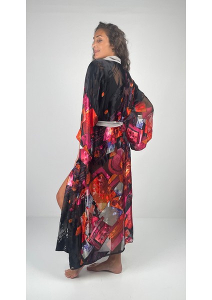 Aurora Kemerli Geniş Kollu Uzun Yakma Ipek Kimono modelleri