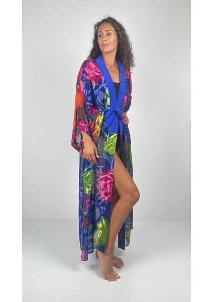 Aurora Kemerli Geniş Kollu Uzun Yakma Ipek Kimono