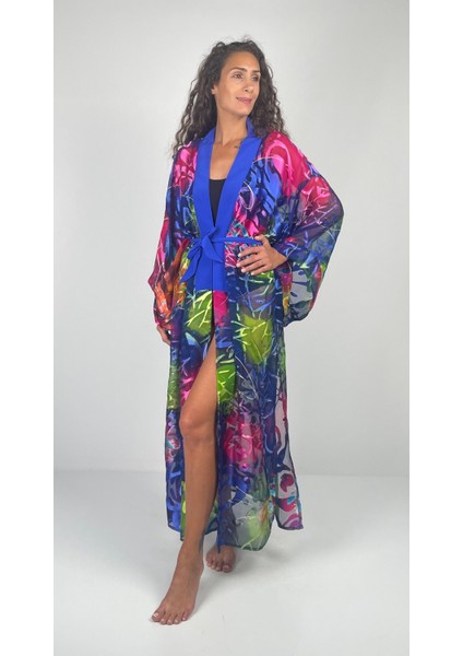 Aurora Kemerli Geniş Kollu Uzun Yakma Ipek Kimono