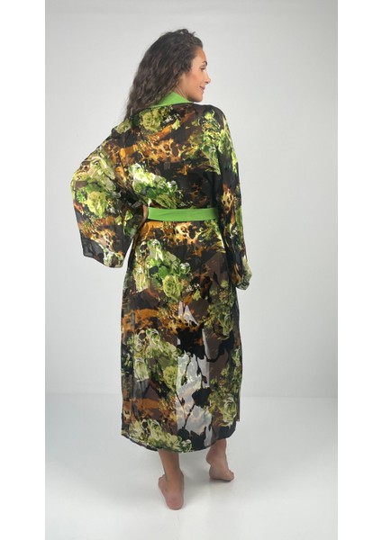 Aurora Kemerli Geniş Kollu Uzun Yakma Ipek Kimono