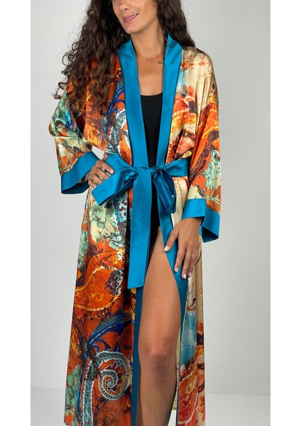 Aurora Kemerli Geniş Kollu Uzun Yakma Ipek Kimono