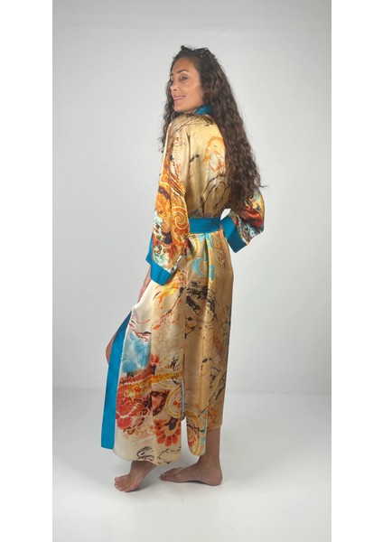 Aurora Kemerli Geniş Kollu Uzun Yakma Ipek Kimono