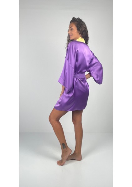 Aurora Kemerli Geniş Kollu Kısa Saten Ipek Kimono modelleri
