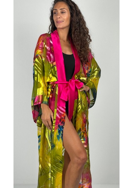 Aurora Kemerli Geniş Kollu Uzun Yakma Ipek Kimono