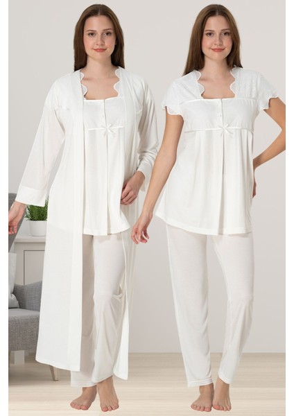 Ekru Sabahlıklı Hamile Lohusa Pijama Takımı