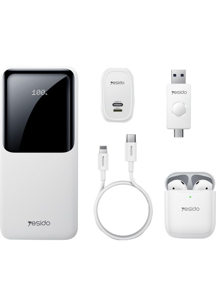 10.000mAh Dijital Powerbank 16GB Flash Bellek Airpods Kulaklık 12W Hızlı Şarj Aleti Kablo 5in1 Set