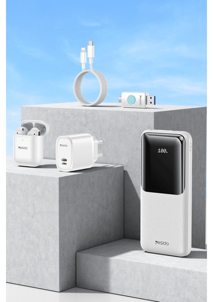 10.000mAh Dijital Powerbank 16GB Flash Bellek Airpods Kulaklık 12W Hızlı Şarj Aleti Kablo 5in1 Set