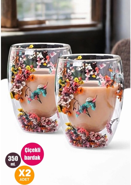 2'li Çift Cidarlı Flower Cup 350ML Çiçekli Bardak Kahve Çay Bardağı El Yapımı Cam Bardak Seti