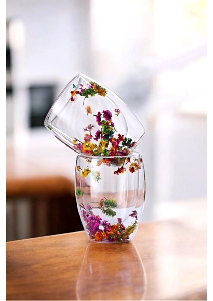 2'li Çift Cidarlı Flower Cup 350ML Çiçekli Bardak Kahve Çay Bardağı El Yapımı Cam Bardak Seti