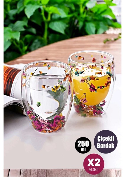 2'li Çift Cidarlı Flower Cup 250 ml Çiçekli Bardak Kahve Çay Bardağı El Yapımı Cam Bardak Seti