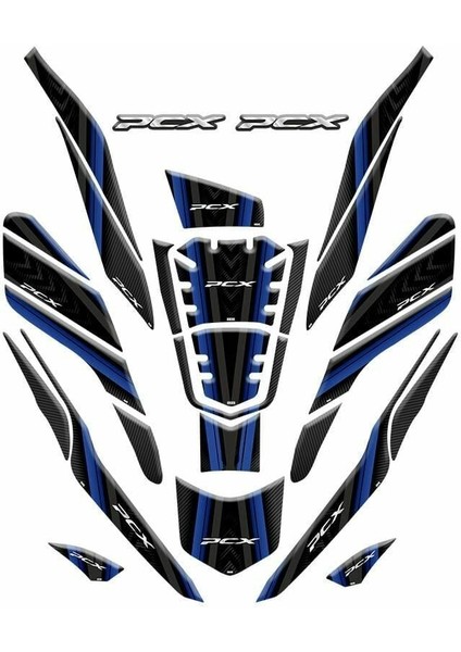 Gogo Honda Pcx (2020-2024) Tank Pad Set 009 Siyah/mavi Şeritli