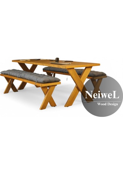 Odes Doğal Ahşap Banklı Toplantı Masası TAKIMI-80-120 Takım