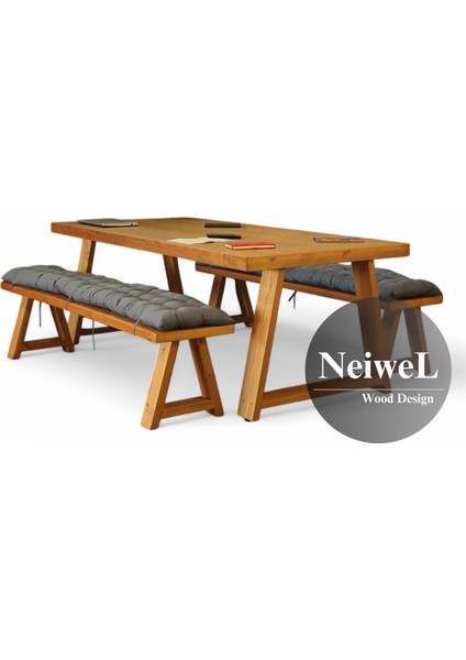 Biez Doğal Ahşap Banklı Toplantı Masası TAKIMI-80-160 Takım