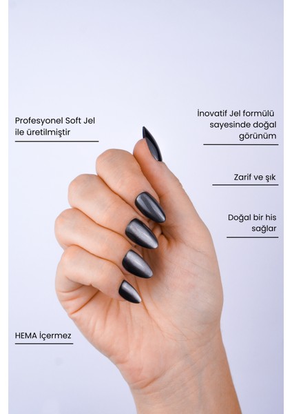 Midnight Cat Eye Jel Takma Tırnak Tekrar Kullanılabilir Badem Manikür Seti 30 Adet