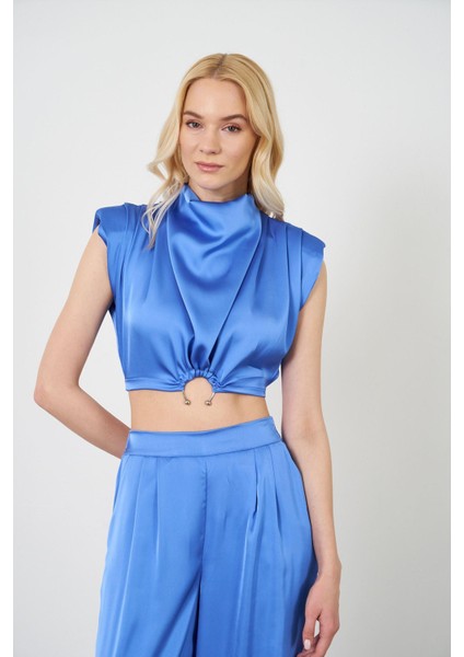 Halka Detaylı Pileli Saten Bluz-Mavi fiyatları