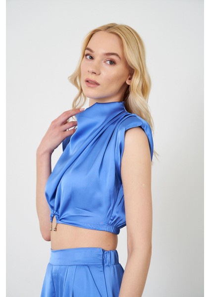 Halka Detaylı Pileli Saten Bluz-Mavi fırsatları