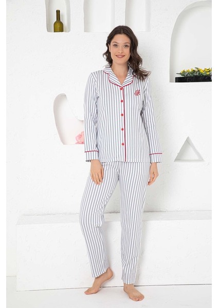 Gri Çizgili Gömlek Pijama Takımı 2568UKL