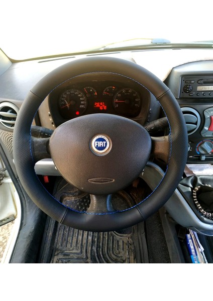 Dikişli Direksiyon Kılıfı Soft Düz Yüzeyli Deri Noktalı Deri Mavi Dikişli Fıat Doblo Için