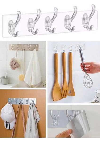 5 Kancalı Güçlü Yapışkanlı Şeffaf Askılık Kapı Arkası Mutfak Banyo Duvar Askısı