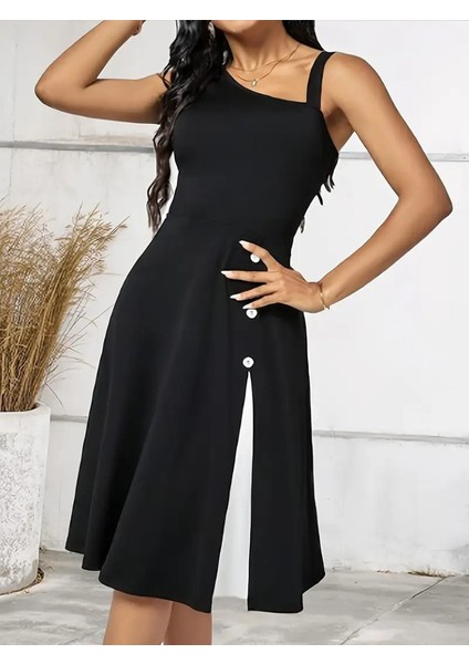 Kadın Tek Omuzu Şerit Detaylı Kolsuz Yandan Düğme Detaylı Janjan Krep Elbise JB28145689 modelleri