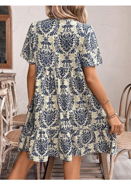 Butik Kadın Kısa Kollu Yakadan Bağcıklı Desenli Fırfırlı Süprem Elbise