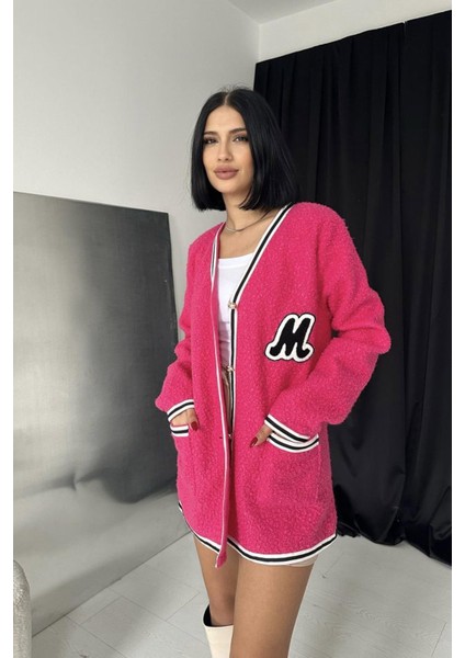 Fuşya Şeritli Bukle Hırka