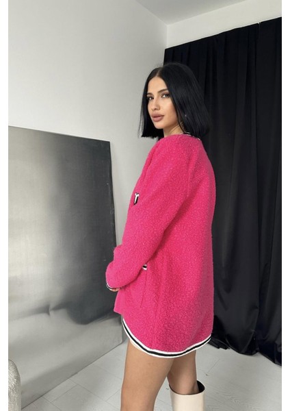 Fuşya Şeritli Bukle Hırka