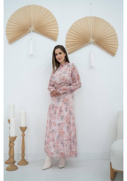 Pembe Şanzelize Çiçek Desenli Elbise