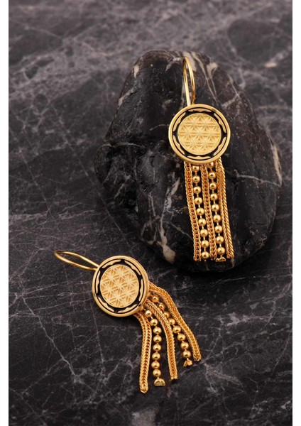 Yaşam Çiçeği Gümüş Altın Kaplama Midyat Hasırı Mineli Küpe 7255