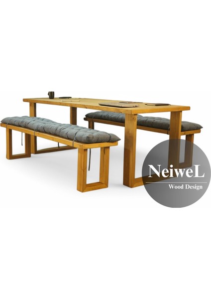 Doi Doğal Ahşap Banklı Toplantı Masası TAKIMI-80-120 Takım