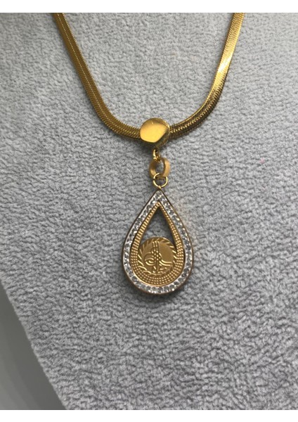 Çelik KADIN316 L Kararmaz Tuğra Mühürlü Zirkon Taşlı Italyan Ezme 45+5cm Zincir Çelik Kolye