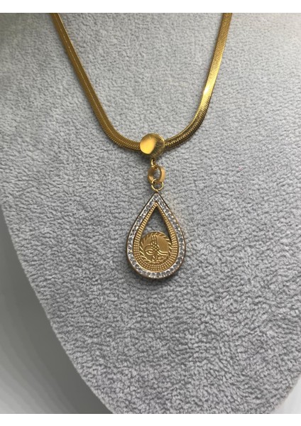 Çelik KADIN316 L Kararmaz Tuğra Mühürlü Zirkon Taşlı Italyan Ezme 45+5cm Zincir Çelik Kolye fiyatları