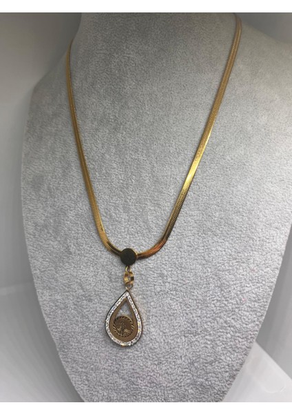 Çelik KADIN316 L Kararmaz Tuğra Mühürlü Zirkon Taşlı Italyan Ezme 45+5cm Zincir Çelik Kolye modelleri