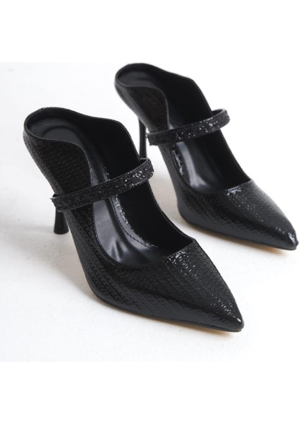 Kadın Mavera Siyah Rugan 9 cm Ince Topuklu Sivri Burunlu Arkası Acık Tasarım Stiletto fırsatları