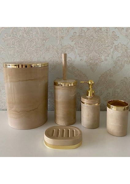 Akrilik Yuvarlak 5 Parça Mermer Desen Banyo Seti Krem-Gold 20 Mer Kr A