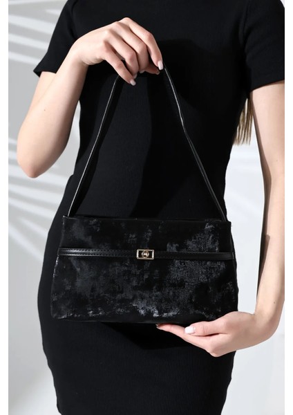 Kadın Siyah Süet Kemer Detaylı-Tokalı Şık Omuz ve El Çantası