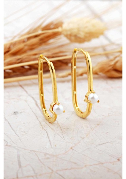 Oval İncili Altın Kaplama Gümüş Küpe 7263