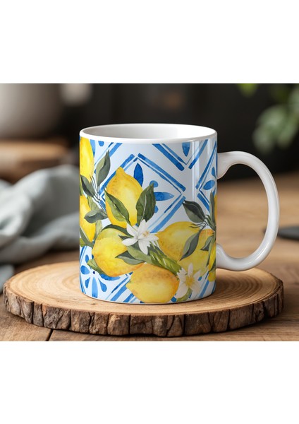 Limon Desenleri Tasarımlı Beyaz Seramik Baskılı Kupa Bardak 330 ml