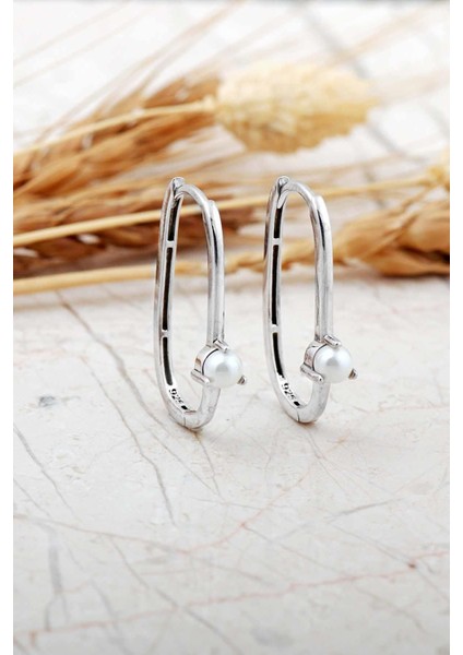 Oval İncili Rodyumlu Gümüş Küpe 7264