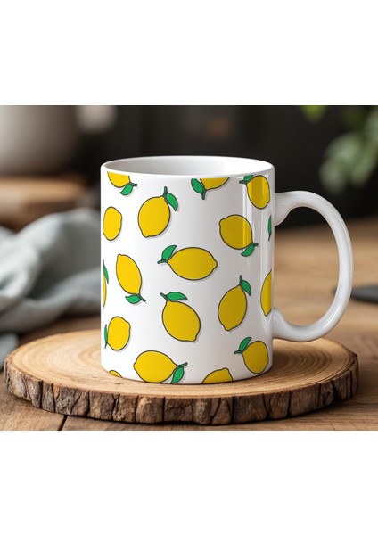 Limonlar Tasarımlı Beyaz Seramik Baskılı Kupa Bardak 330 ml